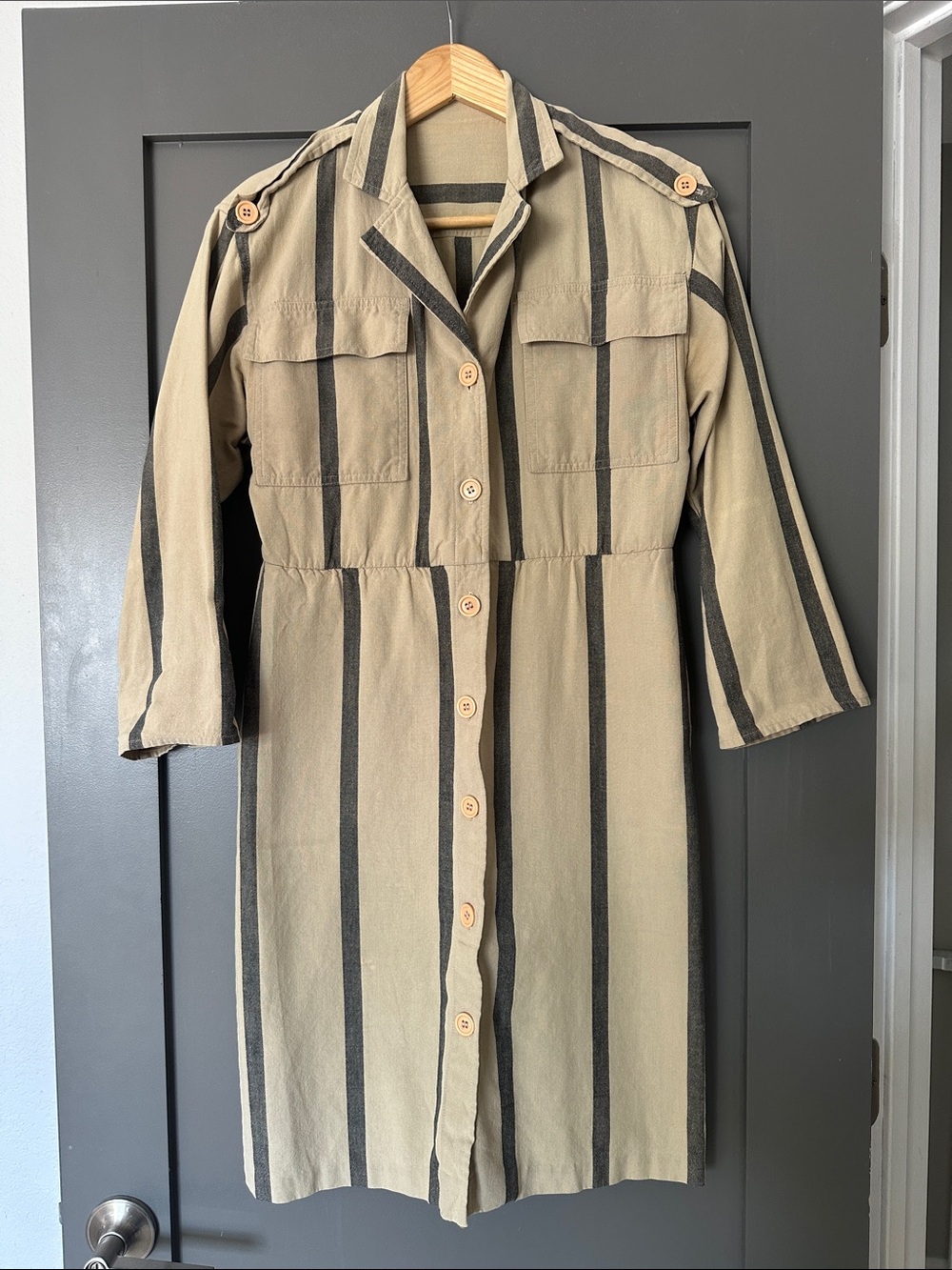 Vintage Olive and Black Striped Midi Shirt Dress